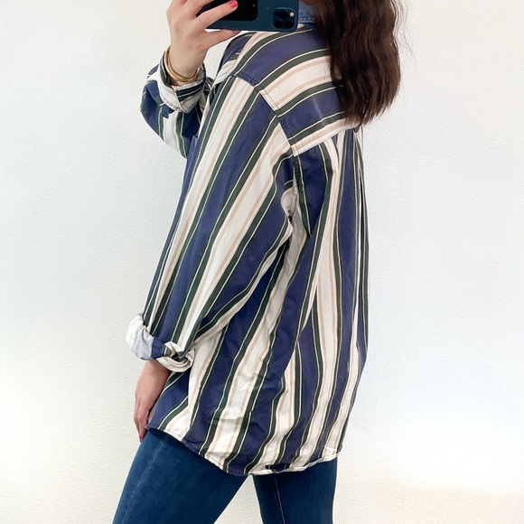 Vintage blue, green, and white tan striped button down shirt - Picture 3 of 3